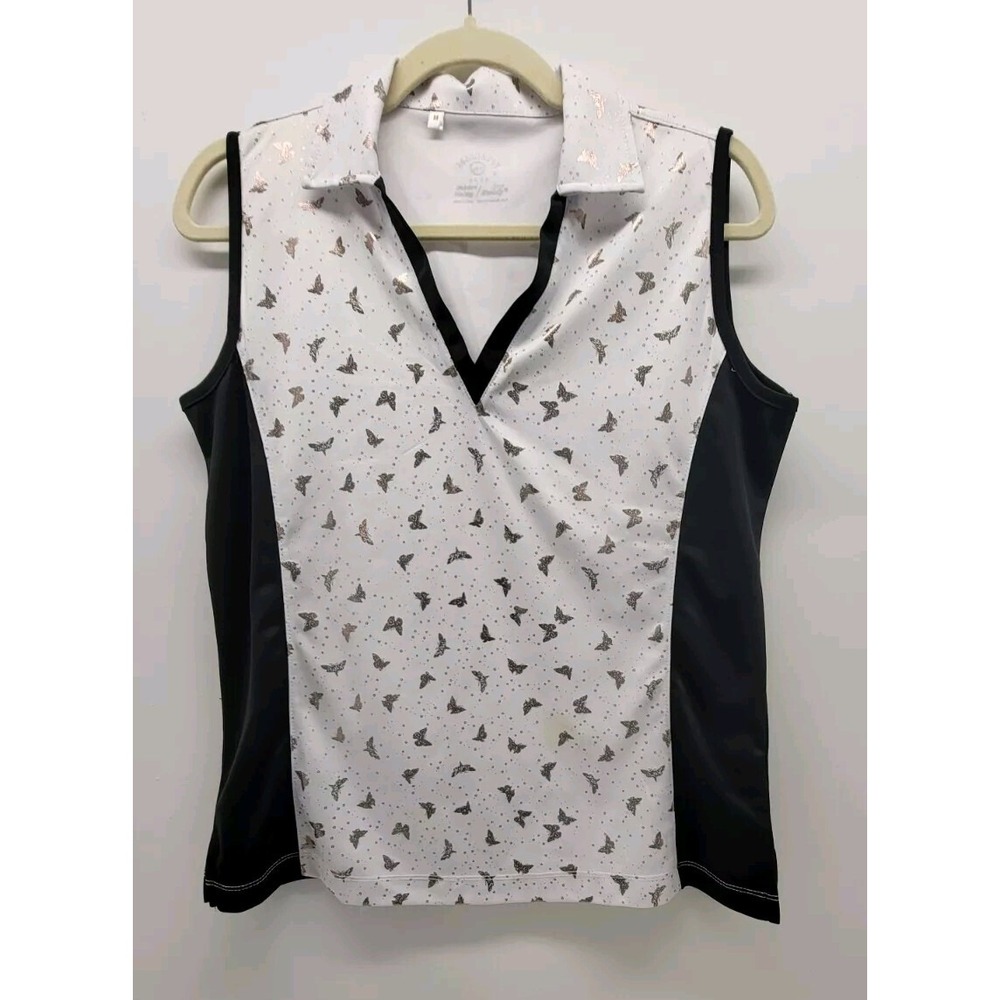 Monterey Club Women's Active Sleeveless Shirt Mediu White Black Silver Butterfly